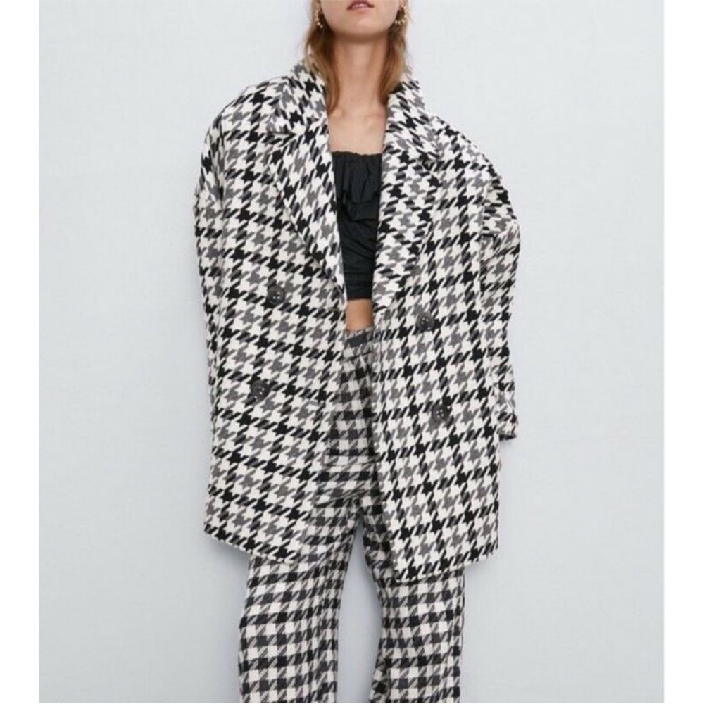 Zara oversized houndstooth plaid jacquard wool blend coat xs-small